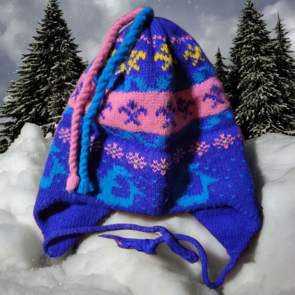 Vtg Woman's Heavy Knit Winter Ski Hat Cap Ear Flaps Cord Tassels Pink Purple